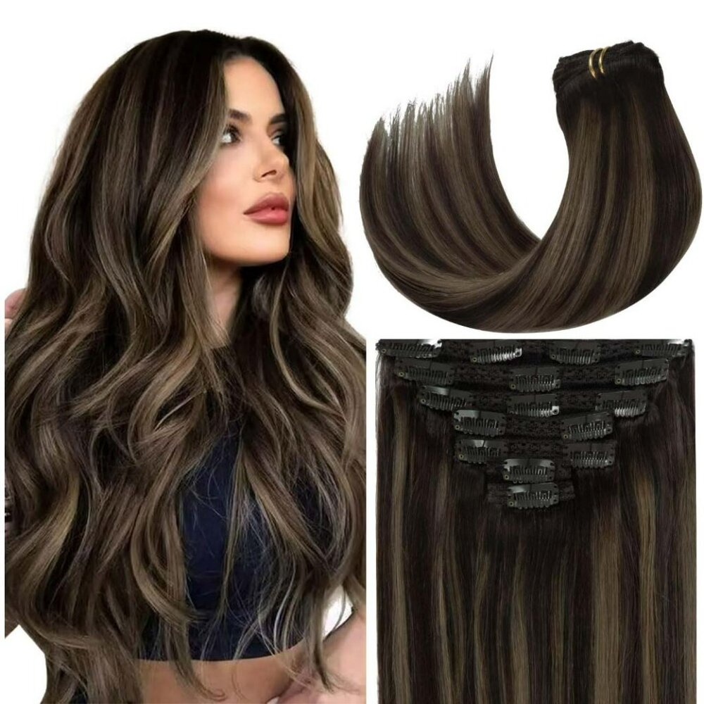 🤎 14" Real Human Hair Clip-In Extensions R1B-1B/6A // NIB!